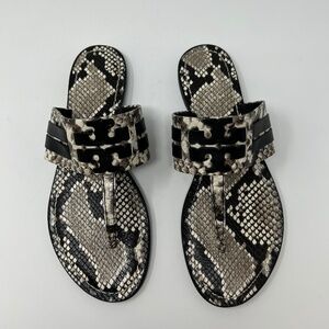 EUC Tory Burch Leigh Black/Gray Snakeskin Double T Thong Sandals Size 9 Preppy!